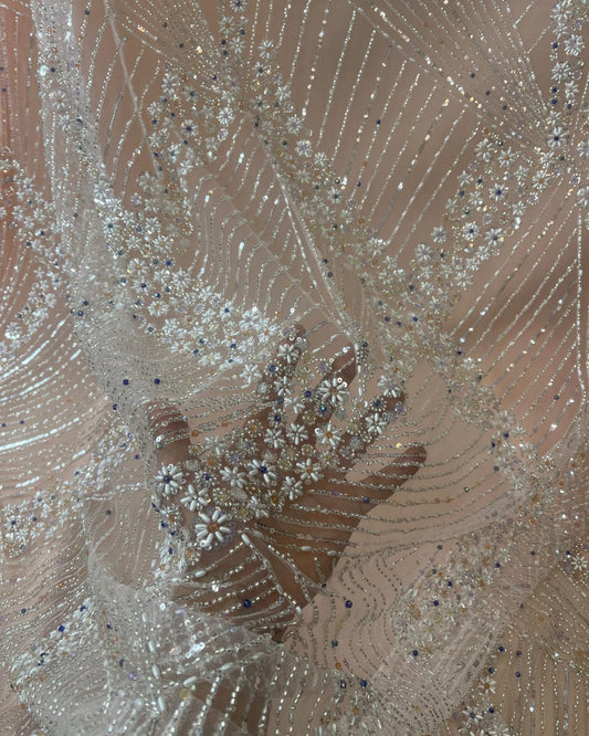 Luxurious Pearl-Beadwork Lace in Peach Colour