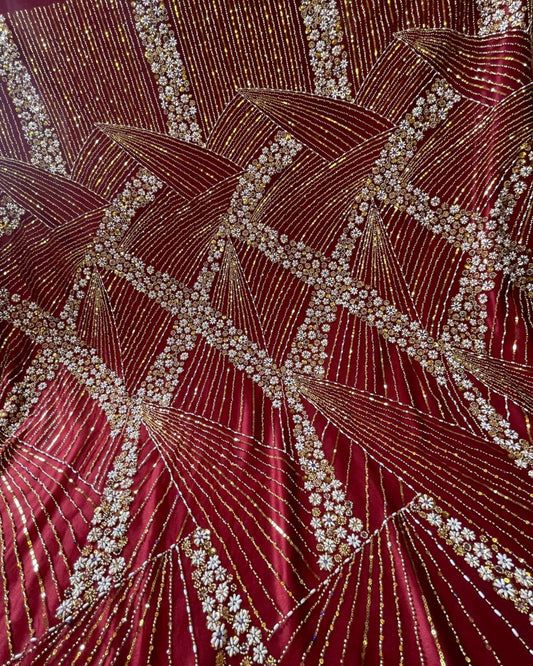 Luxurious Pearl-Beadwork Lace in Maroon