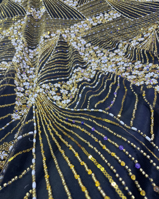 Luxurious Pearl-Beadwork Lace in Black and Gold