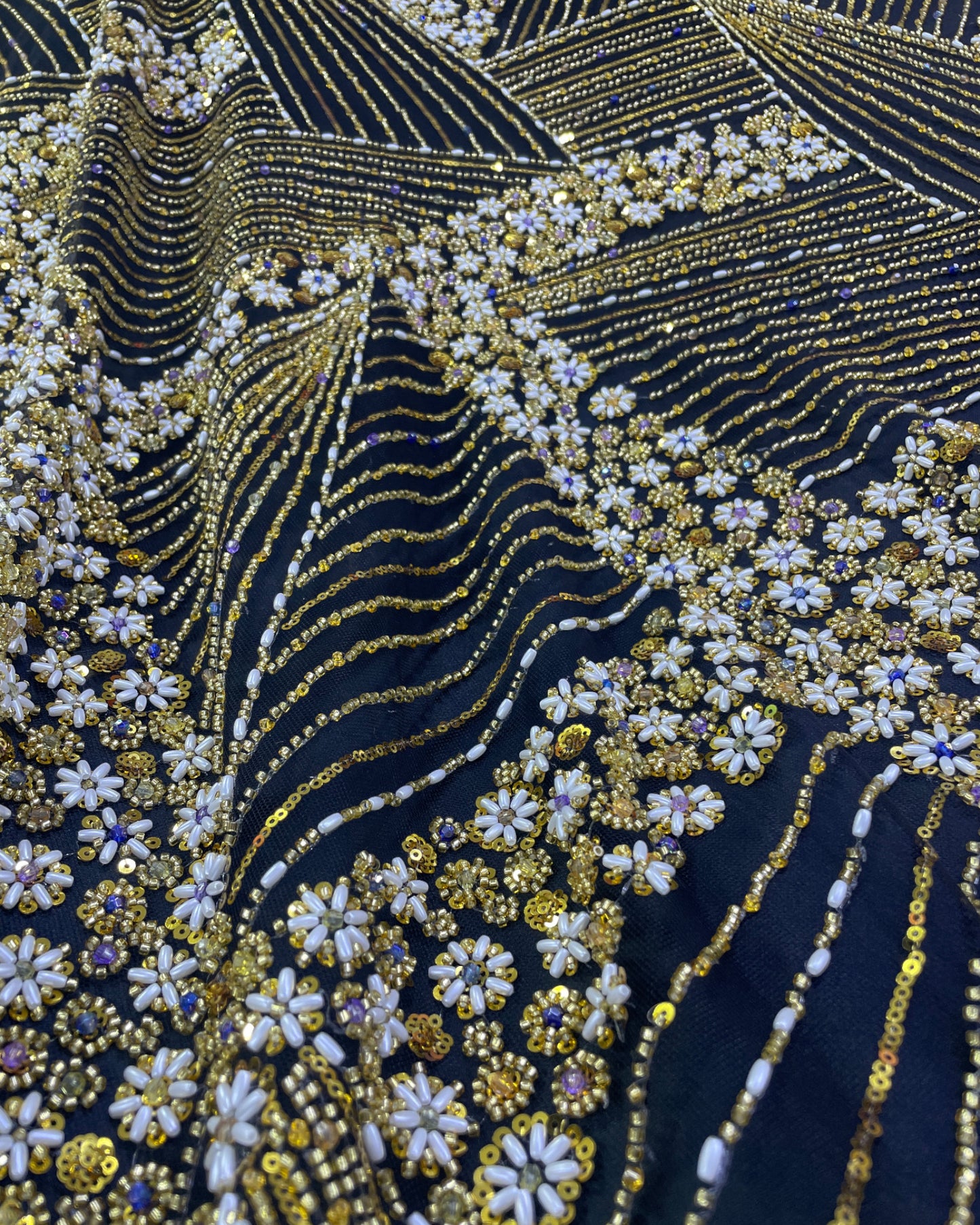 Luxurious Pearl-Beadwork Lace in Black and Gold