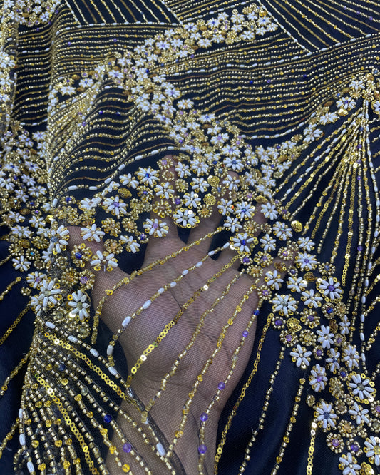 Luxurious Pearl-Beadwork Lace in Black and Gold