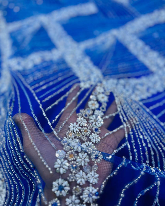 Luxurious Pearl-Beadwork Lace in Royal Blue