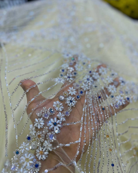 Luxurious Pearl-Beadwork Lace in Cream Colour