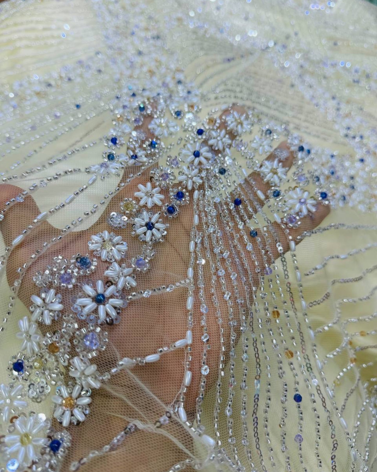 Luxurious Pearl-Beadwork Lace in Cream Colour