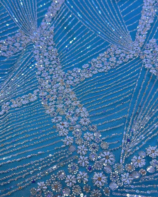 Luxurious Pearl-Beadwork Lace in Sky Blue